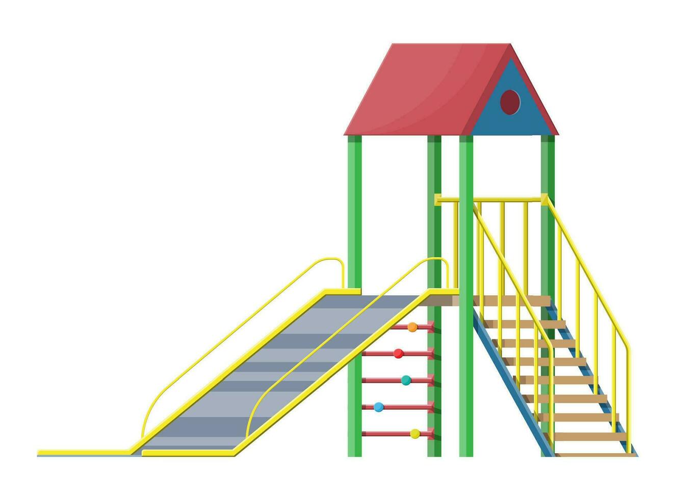 Childrens slide with ladder and roof isolated on white. Outdoor device for play activity, entertainment, amusement, fun. Public playground or kindergarten. Vector illustration in flat style
