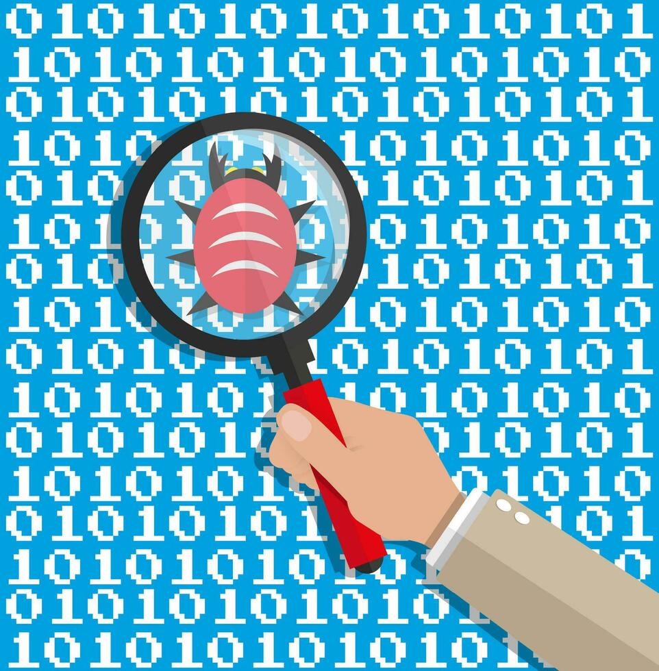hand with magnifying glass scanning digital software code for bugs. software testing quality control. antivirus soft. vector illustration in flat style
