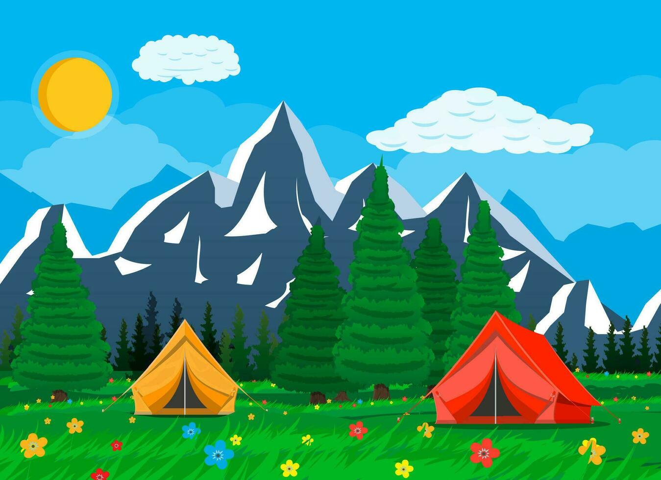 Meadow with grass and camping. Tents, flowers, mountains, trees, sky, sun and clouds. Vector illustration in flat style