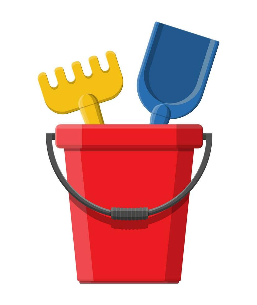 Plastic bucket with rake and shovel isolated on white. Bucket, rake and scoop toys for children sandbox and playground. Vector illustration in flat style