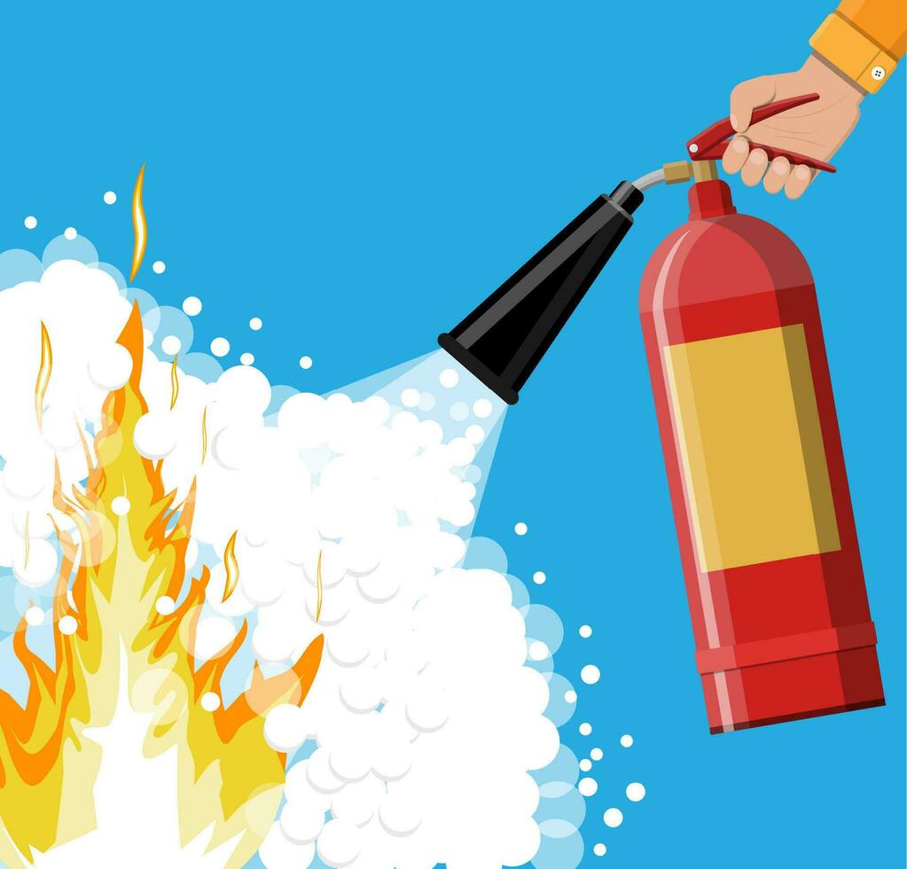 Fire extinguisher in hand with foam. Fire equipment. Vector illustration in flat style