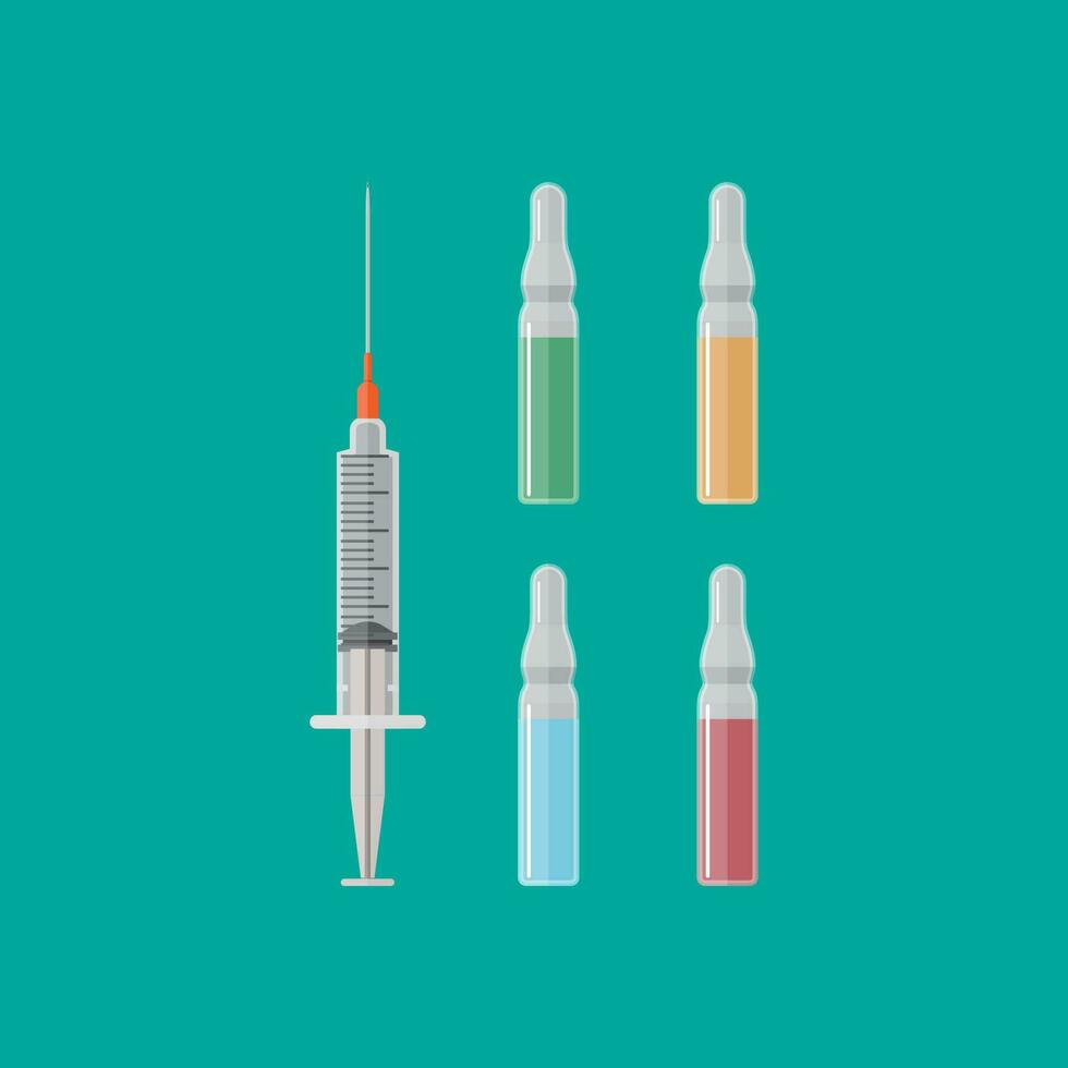 Ampoules and syringe with medicament. vector illustration in flat style