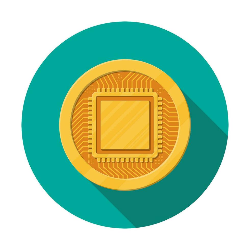 dorado moneda con computadora chip. dinero y finanzas. digital divisa. virtual dinero, criptomoneda y digital pago sistema. vector ilustración en plano estilo