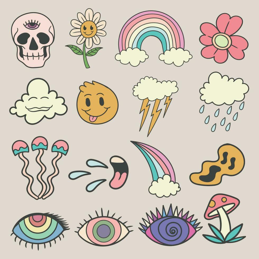 Hand drawn psychedelic element set collection vector