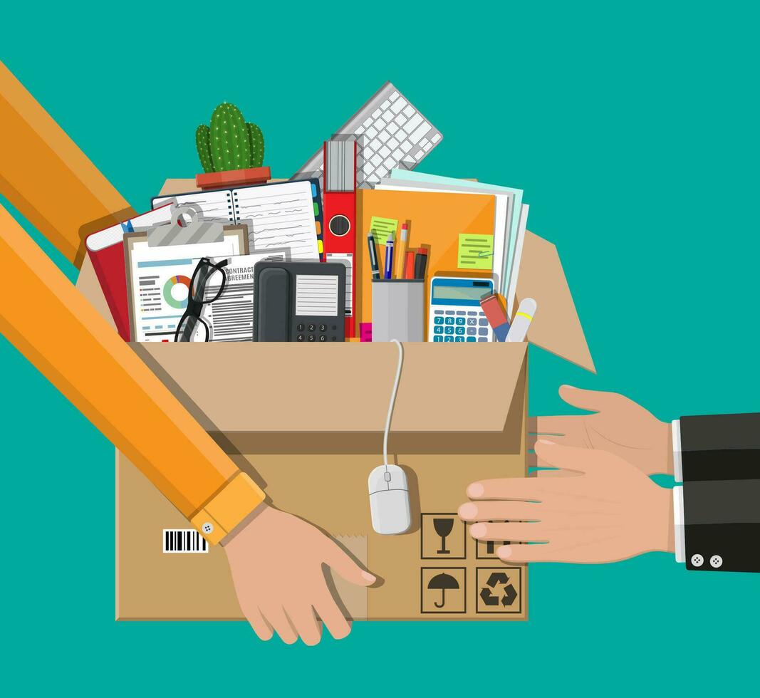 Receiving package from courier to customer. Box with various goods. Phone, keyboard, cactus, calculator, pen, book. Delivery service, relocation, goods transportation Vector illustration flat style