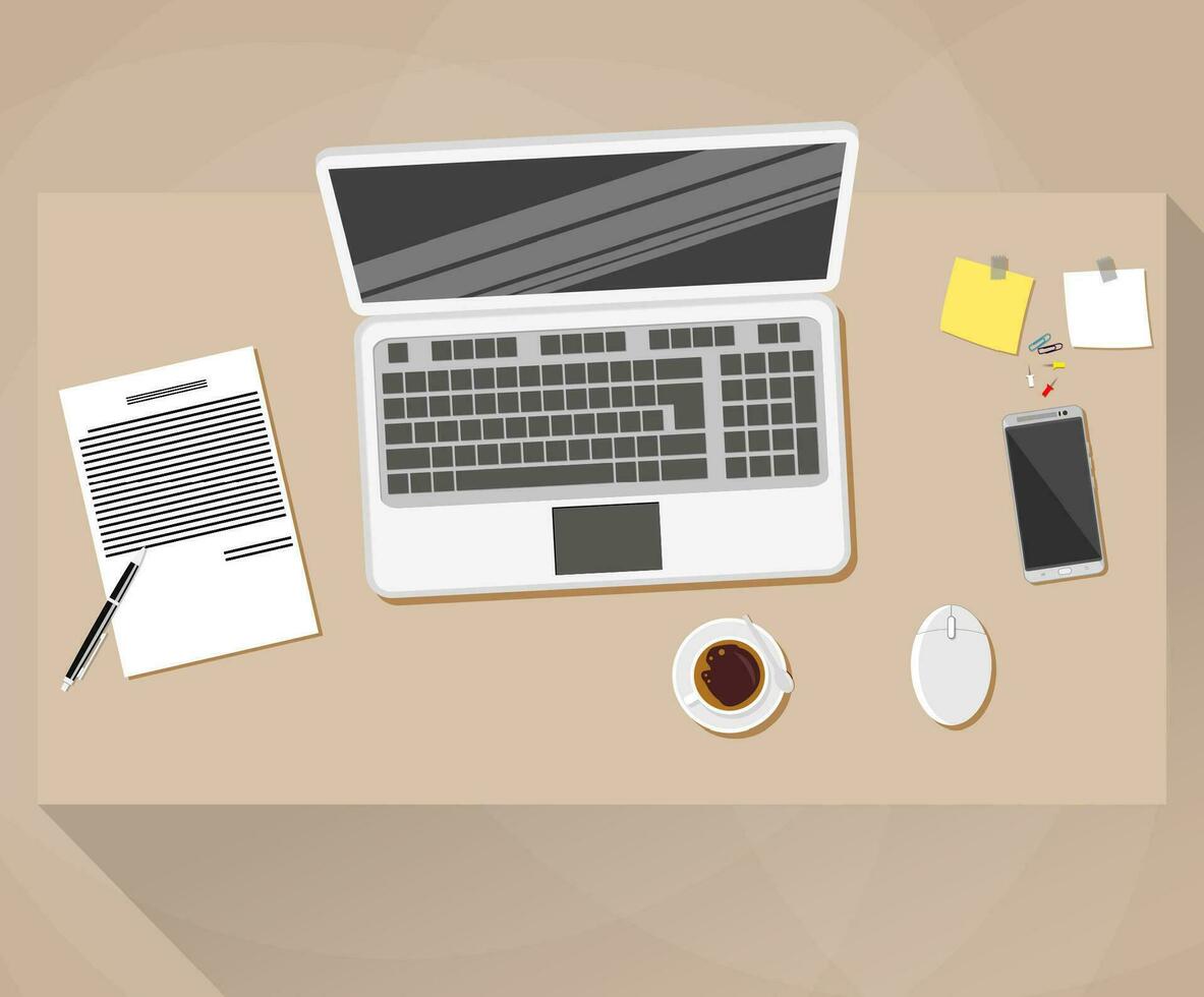 Office, desk top view. Laptopwith wireless mouse, documents paper, pen, sticky notes, smartphone, coffee cup. vector illustration in flat design