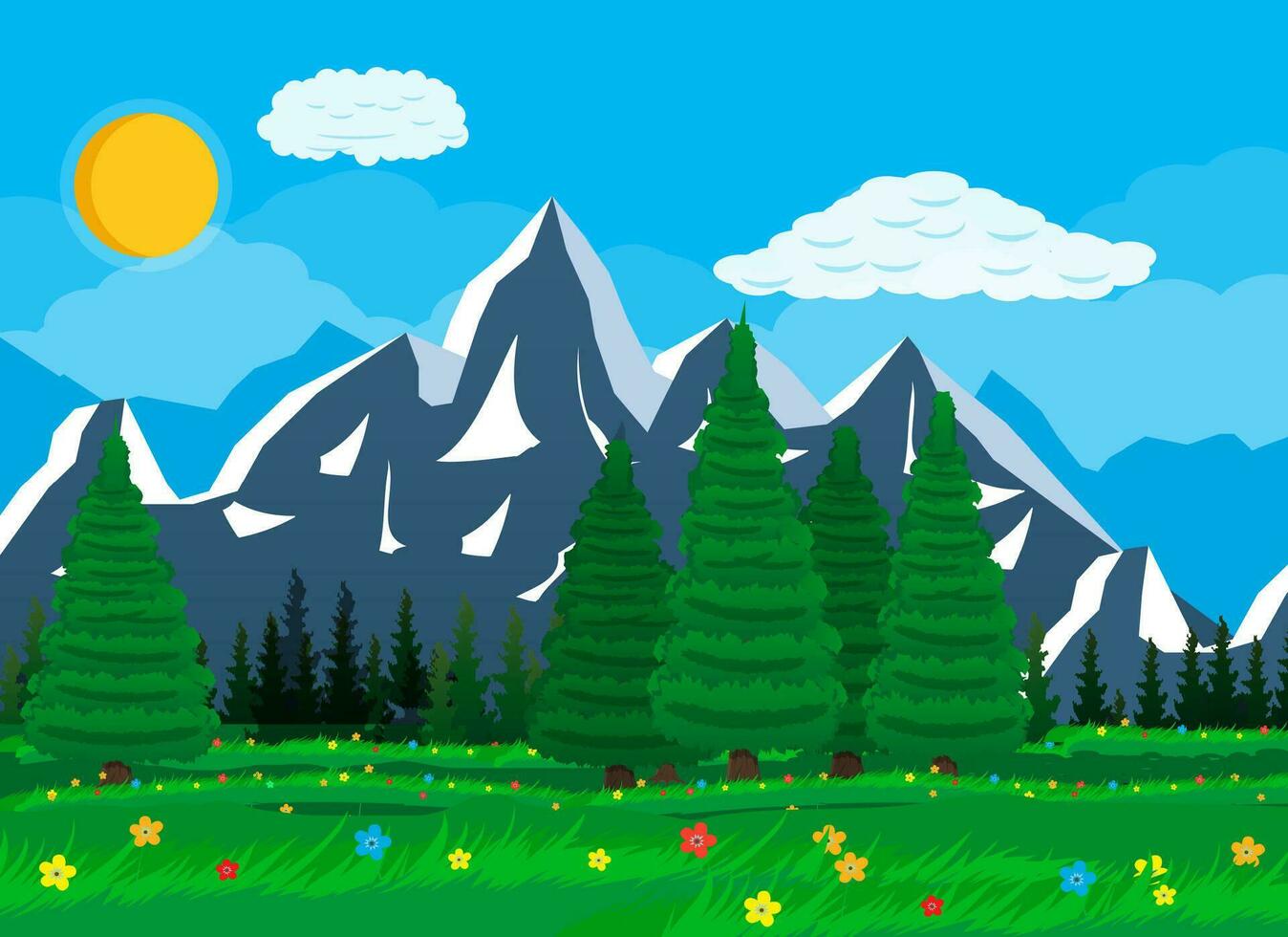 Summer nature landscape with mountains, forest, grass, flower, sky, sun and clouds. National park. Vector illustration in flat style