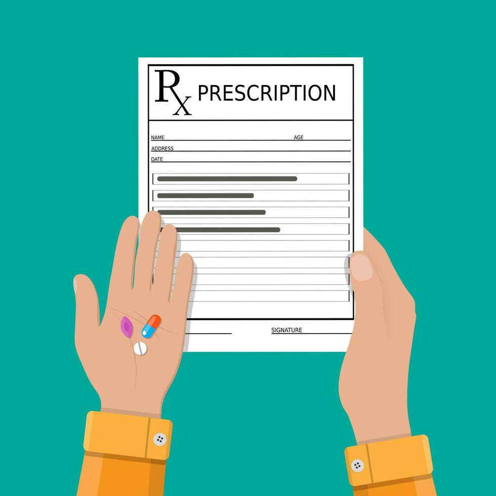 hand with prescription and pills. Healthcare, hospital and medical diagnostics concept. vector illustration in flat style