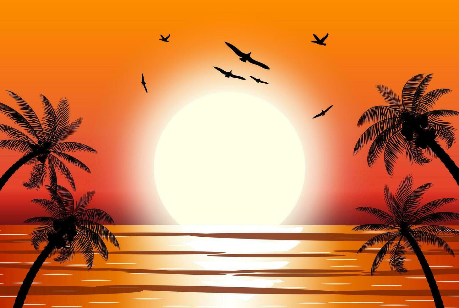 Silhouette of palm tree on beach. Sun with reflection in water and seagulls. Sunset in tropical place. Vector illustration