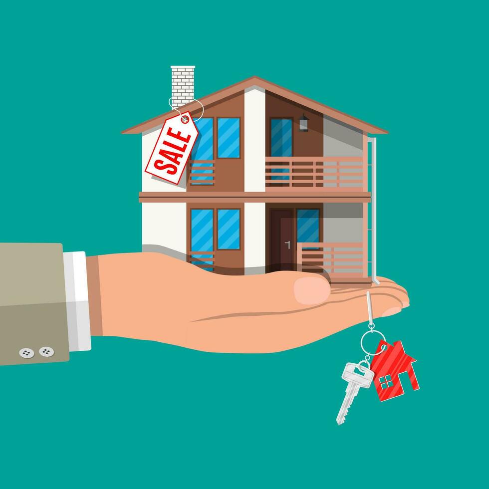 Hand with small house, keys and price tag. Buying or selling house, real estate. Vector illustration in flat style