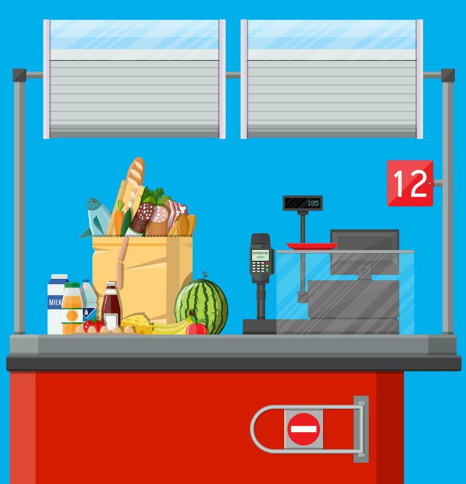 Supermarket interior. Cashier counter workplace. Food and drinks. Cash register, pos terminal and keypad. Vector illustration in flat style