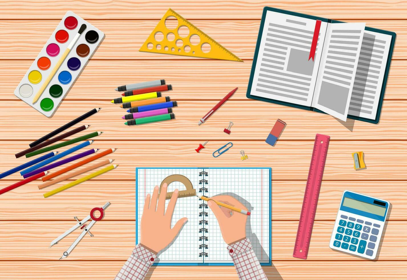 Students wooden desk. School or college education items, studying and educational elements. Note ruler pencil pen book calculator paint eraser sharpener. Back to school. Vector illustration flat style