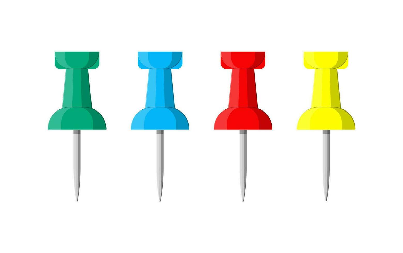 Set of color push pins. Plastic pushpin, thumbtack. Tools for education and work. Stationery and office supply. Vector illustration in flat style