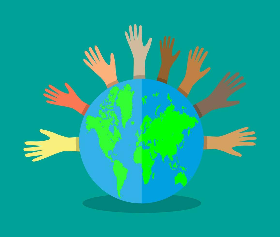 Group of hands of different colors and globe. people of the world. cultural and ethnic diversity. vector illustration in flat style on white background