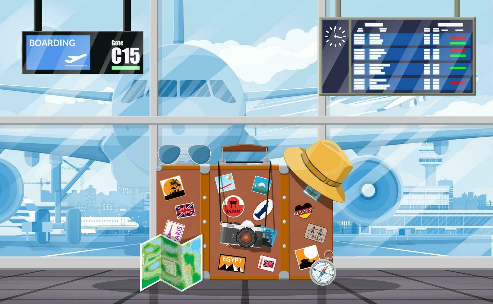 International airport concept. Travel suitcase with stickers of countrys and citys all over the world. Airport terminal and aircraft. Cityscape. Vector illustration flat style