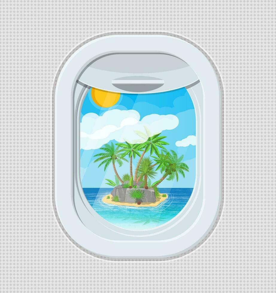 Window from inside the airplane. Aircraft porthole shutter. Tropical island with palm tree in ocean. Air journey or vacation concept. Vector illustration in flat style