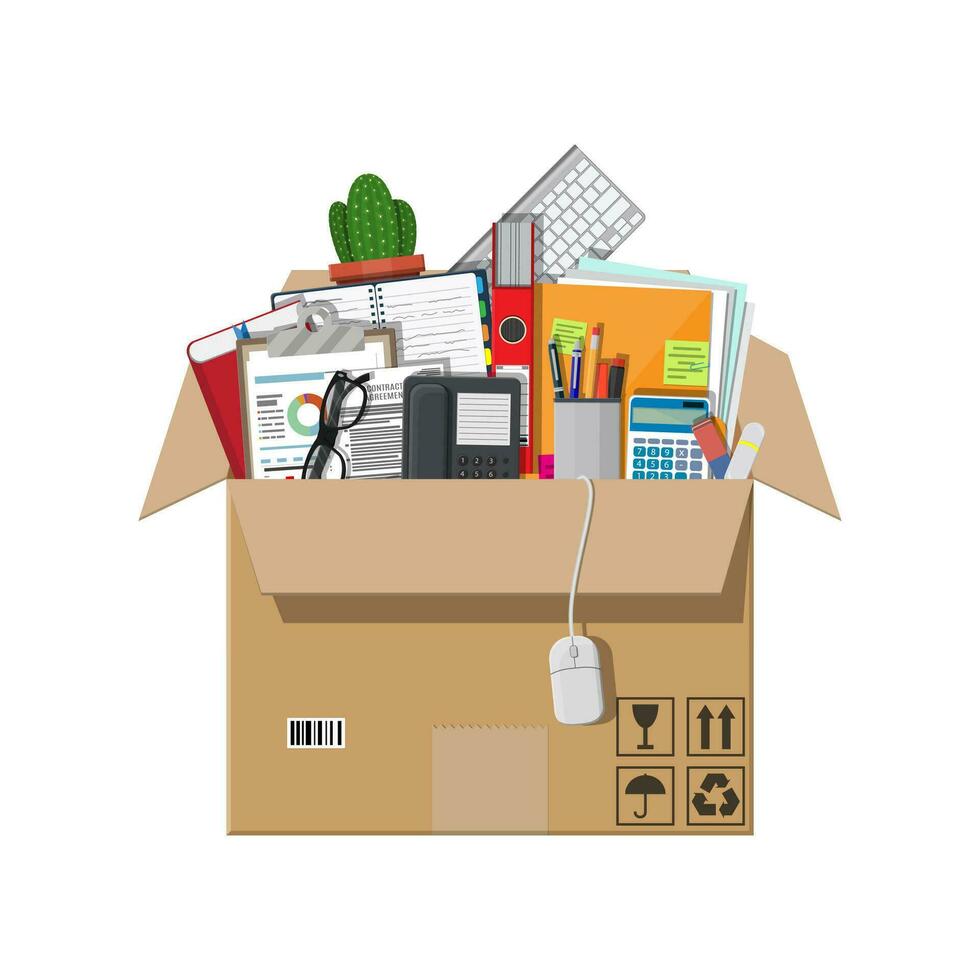 Moving to new office. Cardboard box with folder, document paper, contract, calculator, pen and pencils, eyeglasses, book, ring binder, phone. Keyboard, mouse cactus Vector illustration in flat style