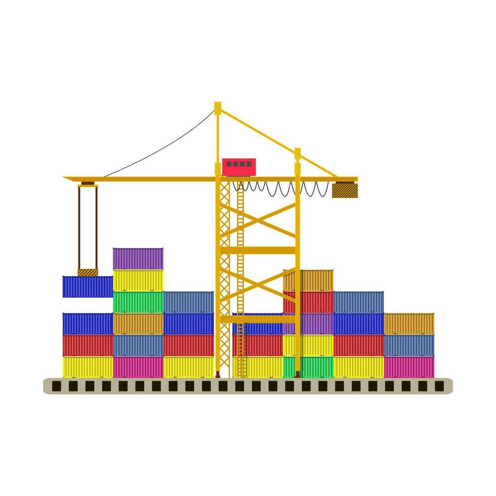 cargo port container crane and colorful containers isolated on white. vector illustration in flat style