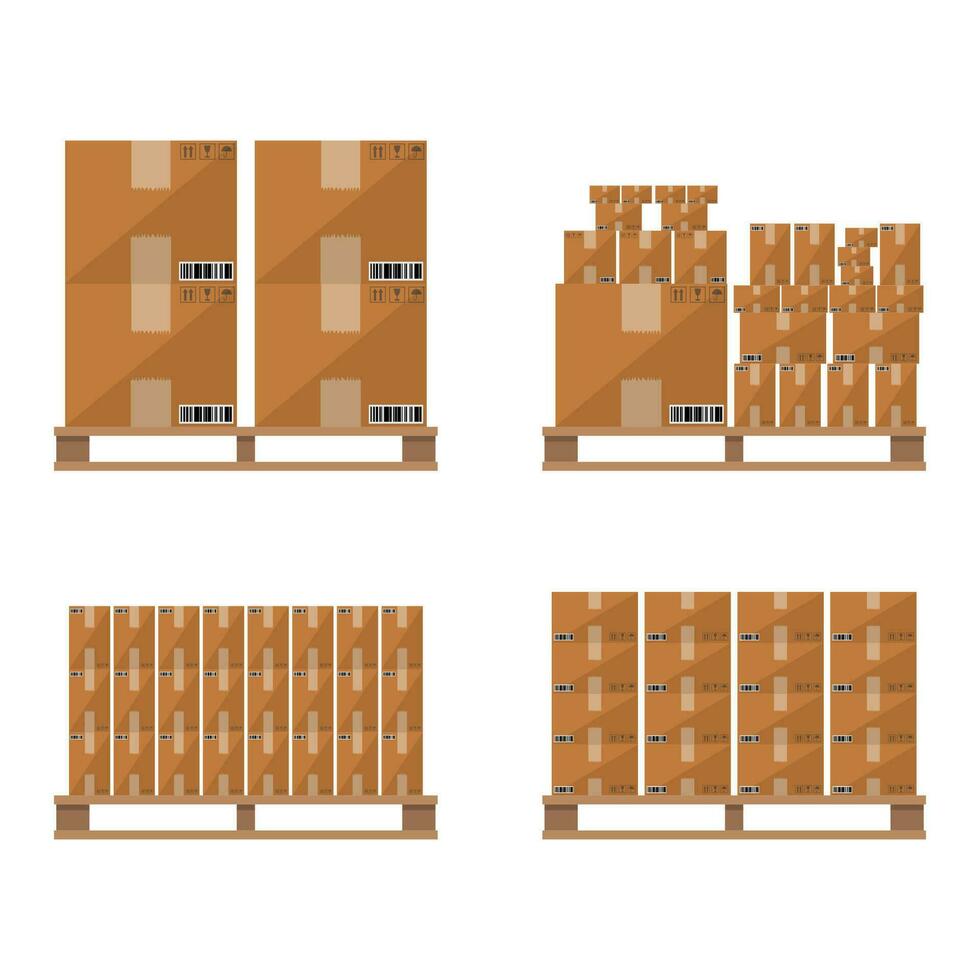 Set of closed brown carton delivery boxes in various sizes with fragile signs and barcode on wooden pallet. vector illustration in flat design isolated on white background