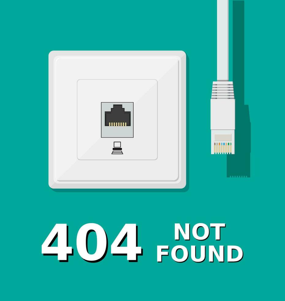Error 404. Network socket and unplugged patch cord. Page not found. Vector illustration in flat style
