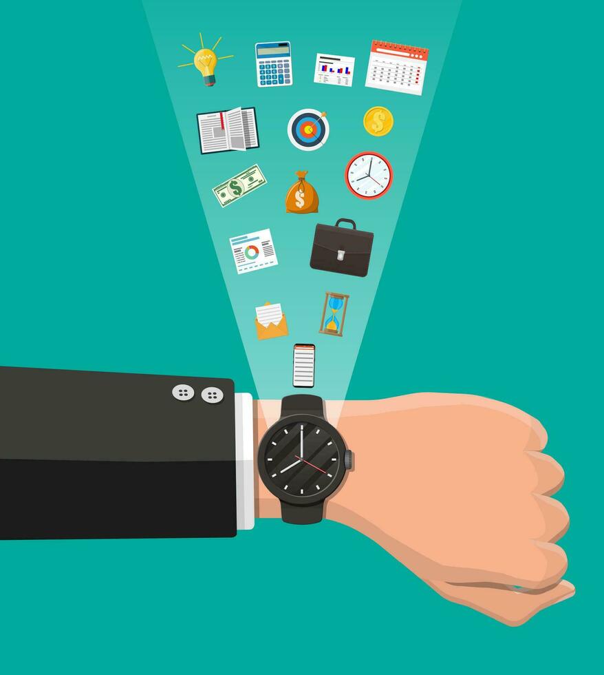 Hand of businessman with watches. Calendar, clocks, report, money, phone, briefcase, hourglass. Control strategy and tasks, business projects planning time management. Vector illustration flat style