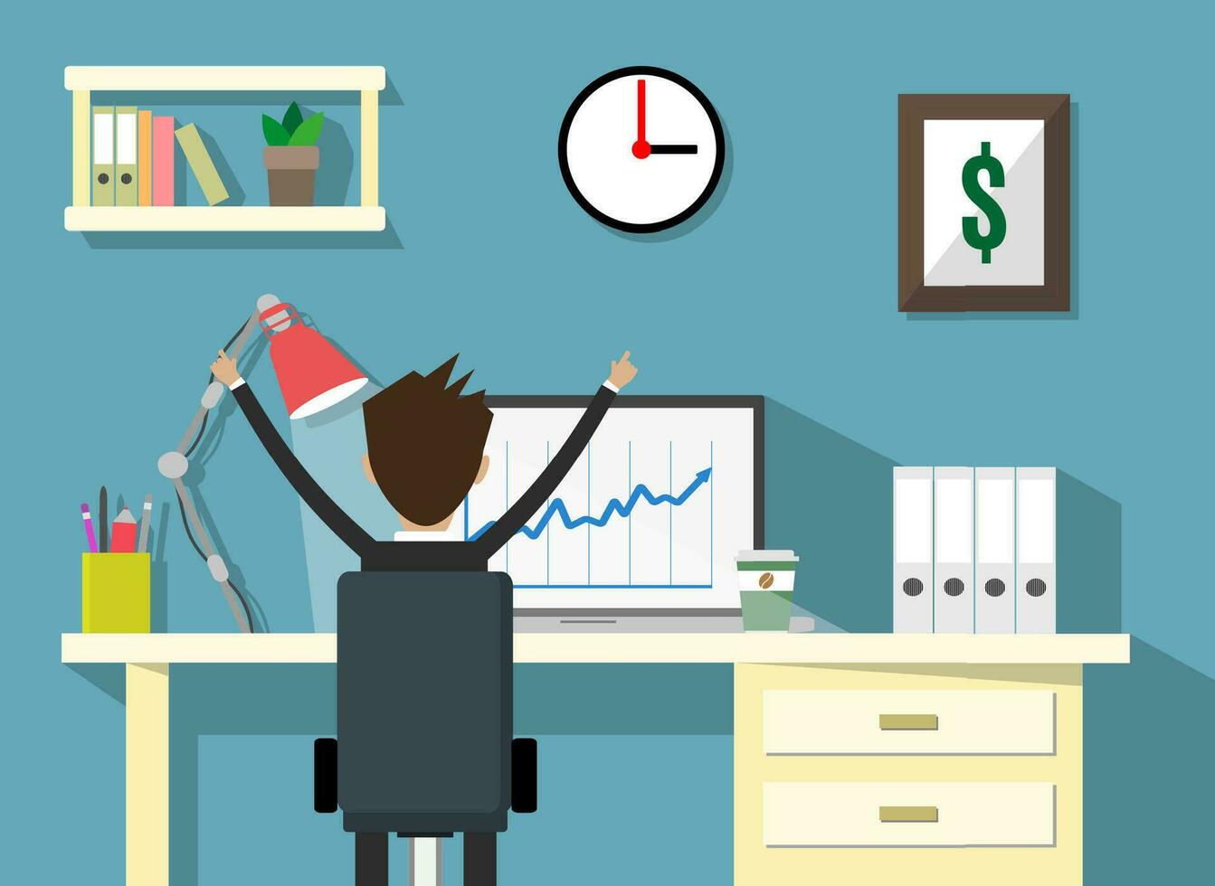 cartoon businessman happy sitting infront of his laptop with the graph showing the arrow going up. Business growth concept. Vector illustration in flat design.