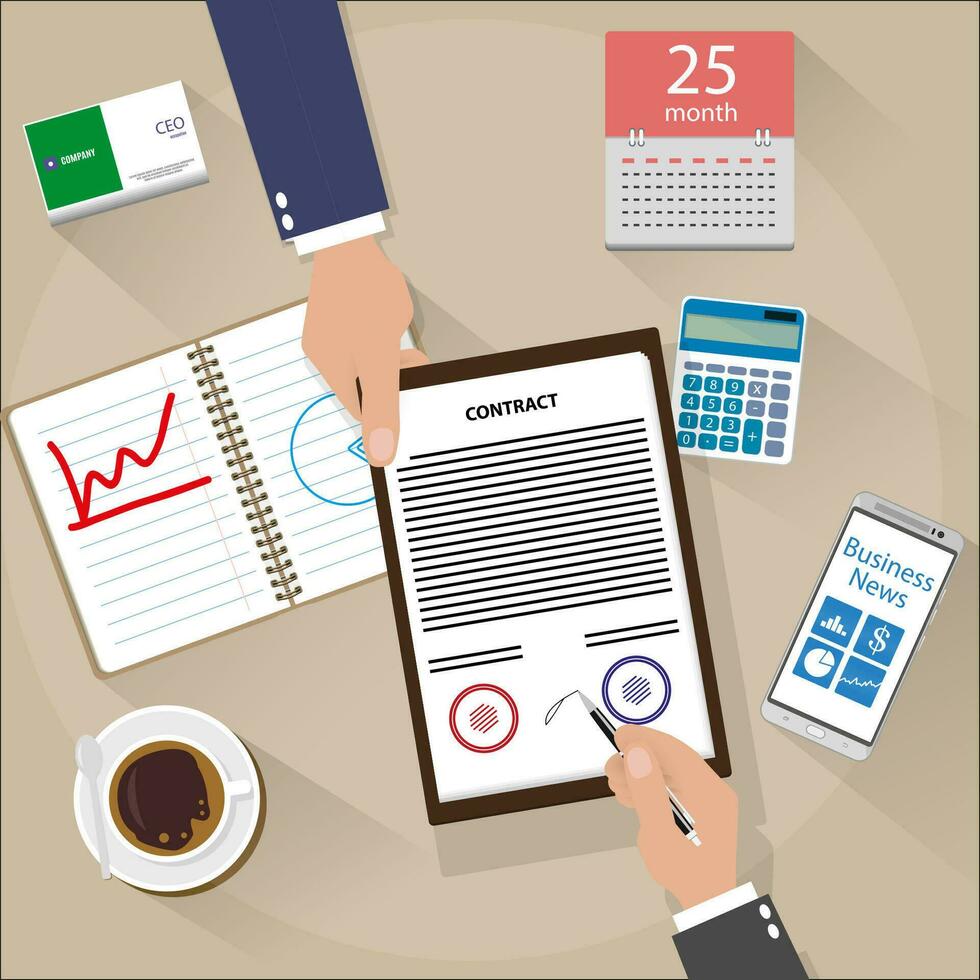 businessman signed contract . top view of Desk with smartphone, coffee, calendar, and calculator. vector illustration in flat design