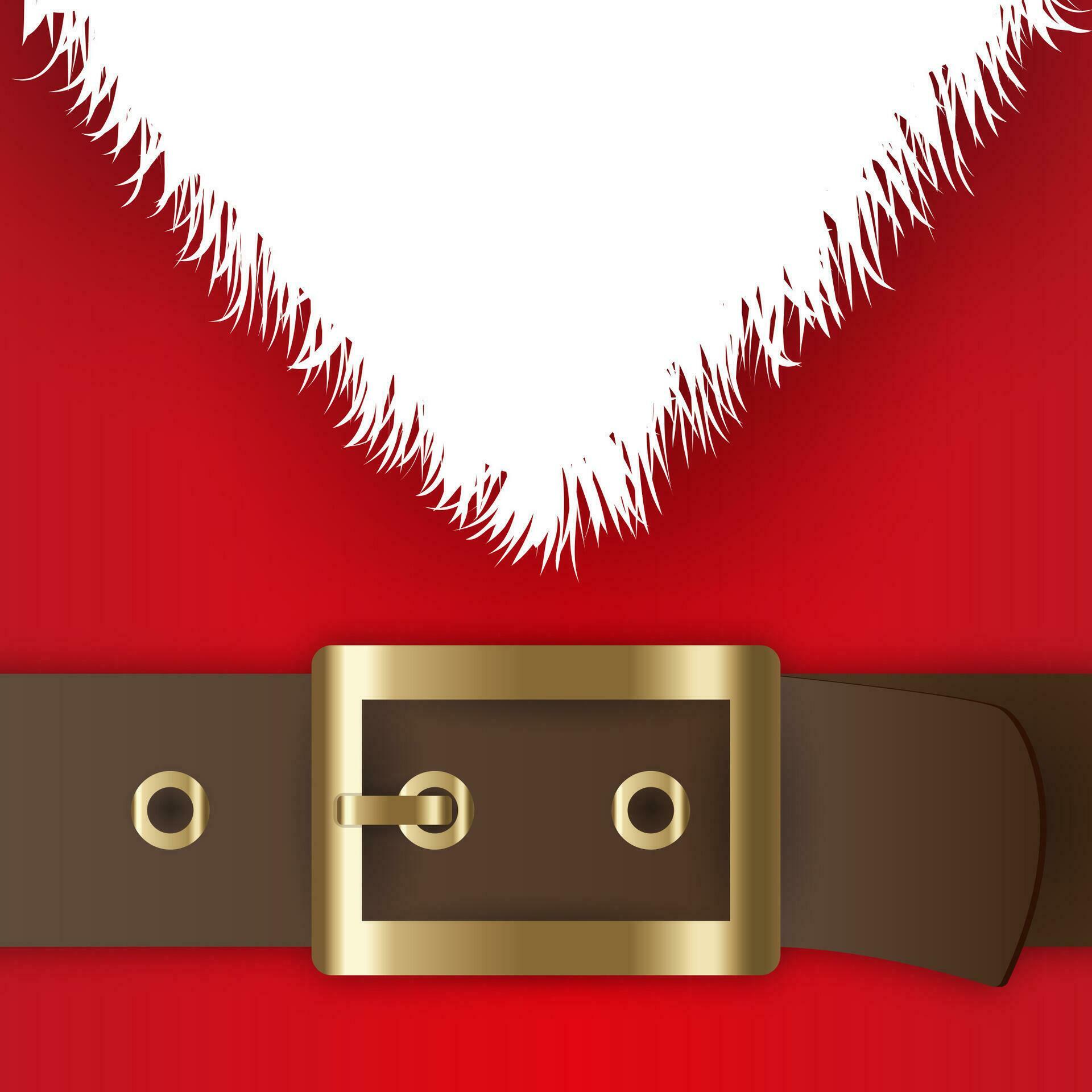 Red santa claus suit, leather belt with gold buckle, white beard