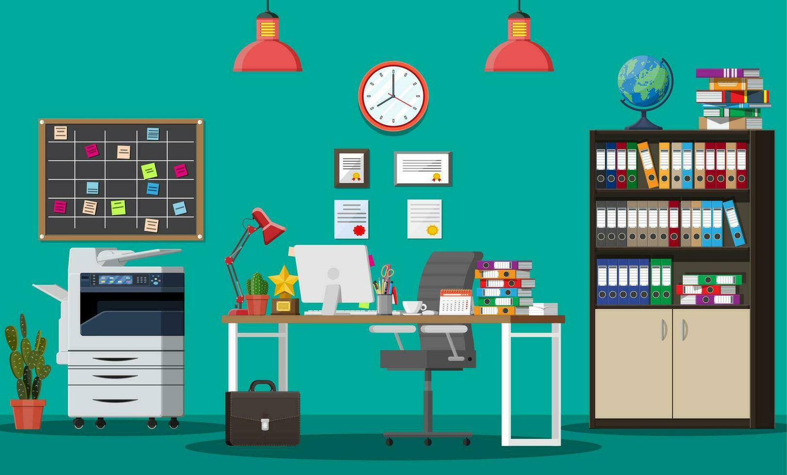 Office building interior. Desk with computer, chair, lamp, books and document papers. Drawer, tree, clocks, calendar, printer. Modern business workplace Vector illustration in flat style