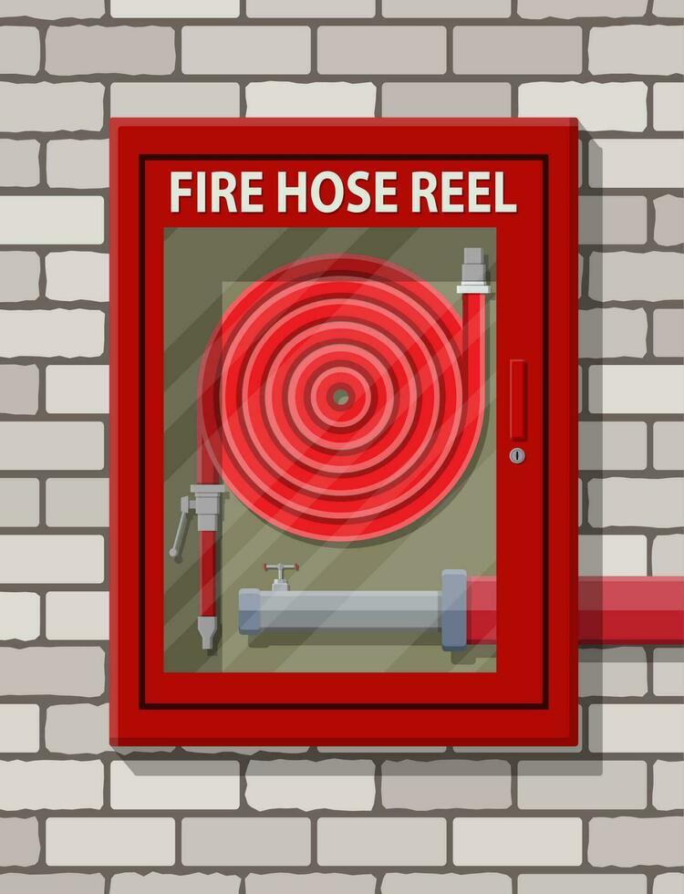 Water hose to extinguish the fire in cabinet at brick wall. Fire equipment. Vector illustration in flat style