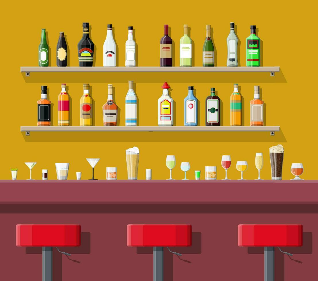 Drinking establishment. Interior of pub, cafe or bar. Bar counter, chairs and shelves with alcohol bottles. Glasses and lamp. Vector illustration in flat style.