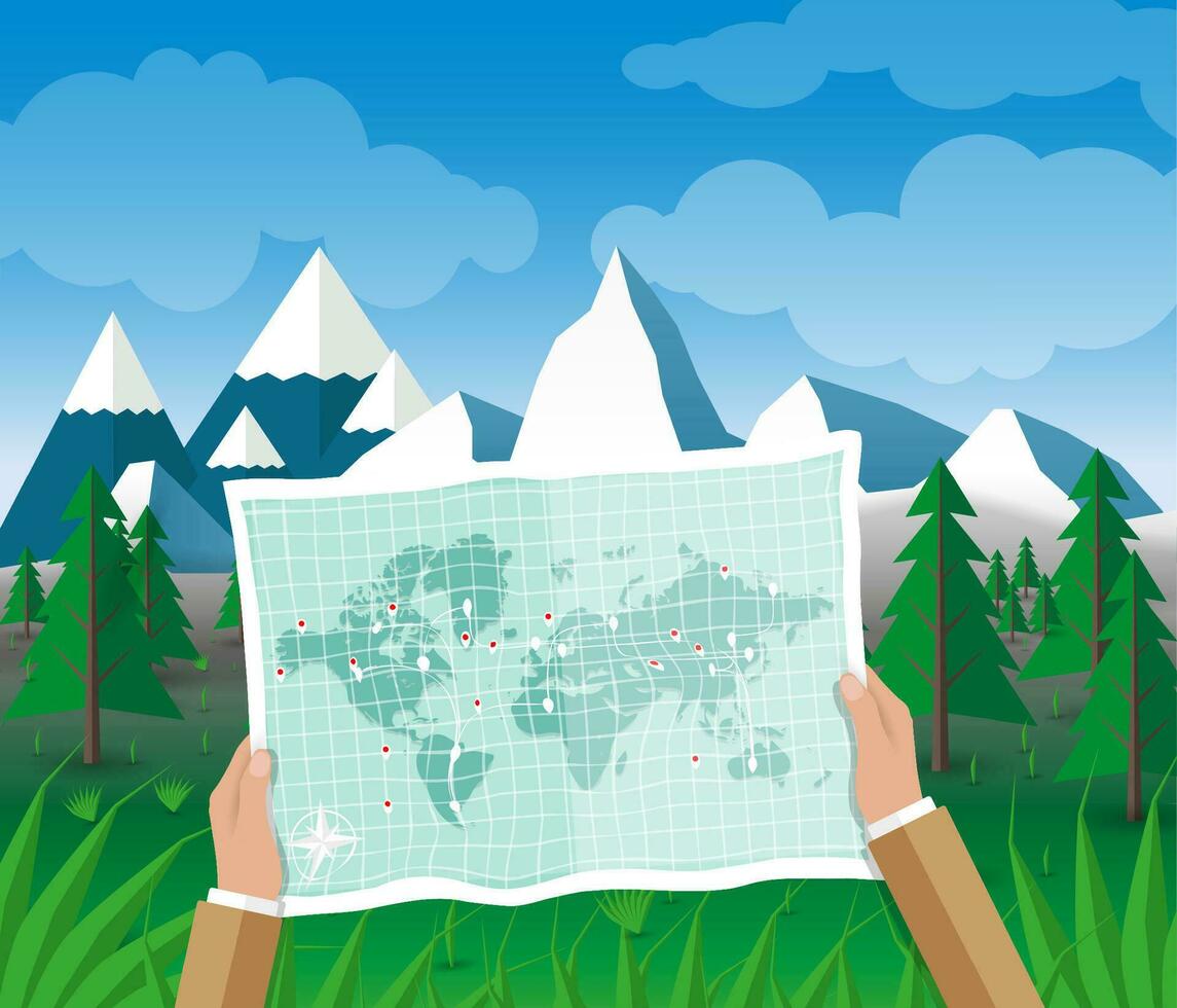 hombre en un excursionismo viaje participación un mapa de mundo en su manos. naturaleza paisaje de montañas, sierras, senderismo, cámping, planificación un viaje. vector ilustración en plano diseño