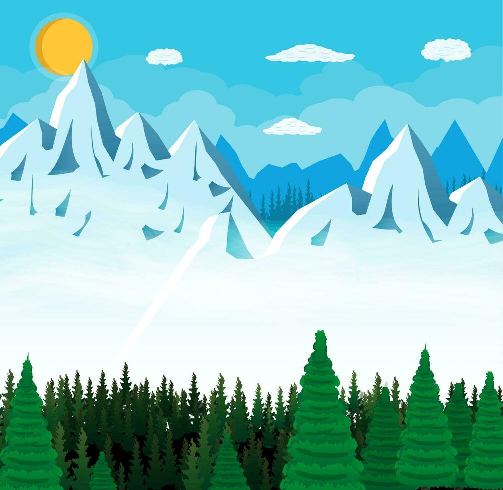 Summer nature landscape with mountains, forest, sky, sun and clouds. National park. Vector illustration in flat style
