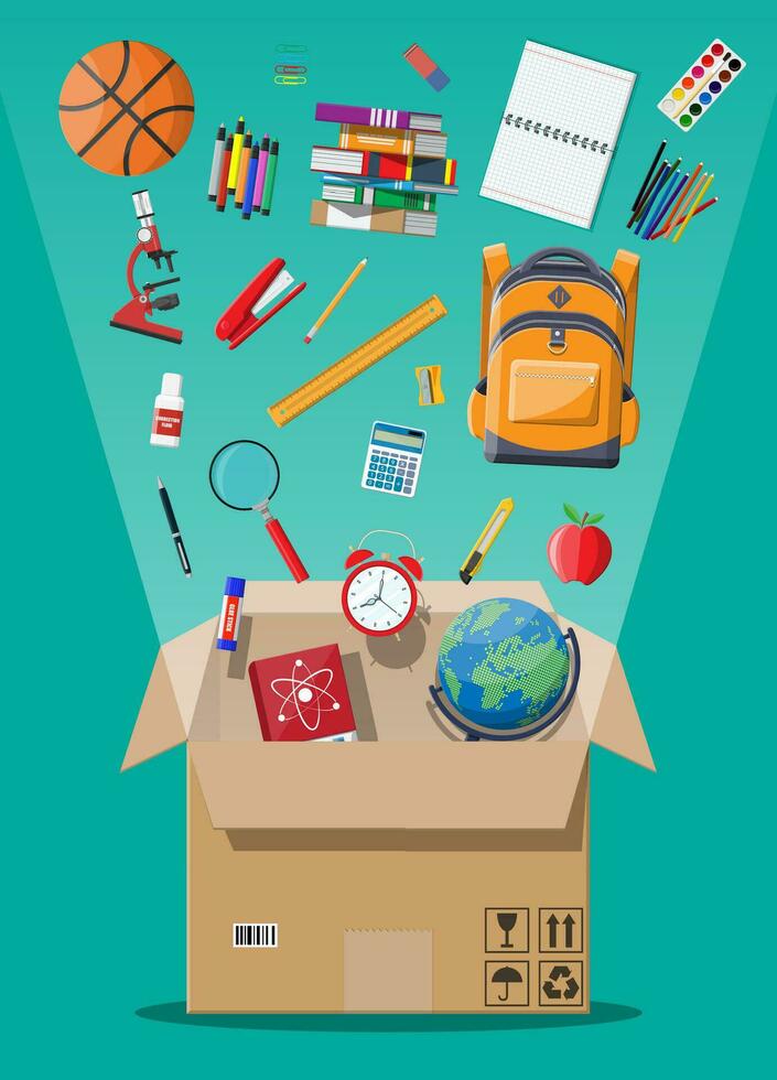 School items and cardboard box. Different school supplies, stationery. Note globe paint pencil pen calculator backpack clock scissors ball apple ruler. Vector illustration in flat style