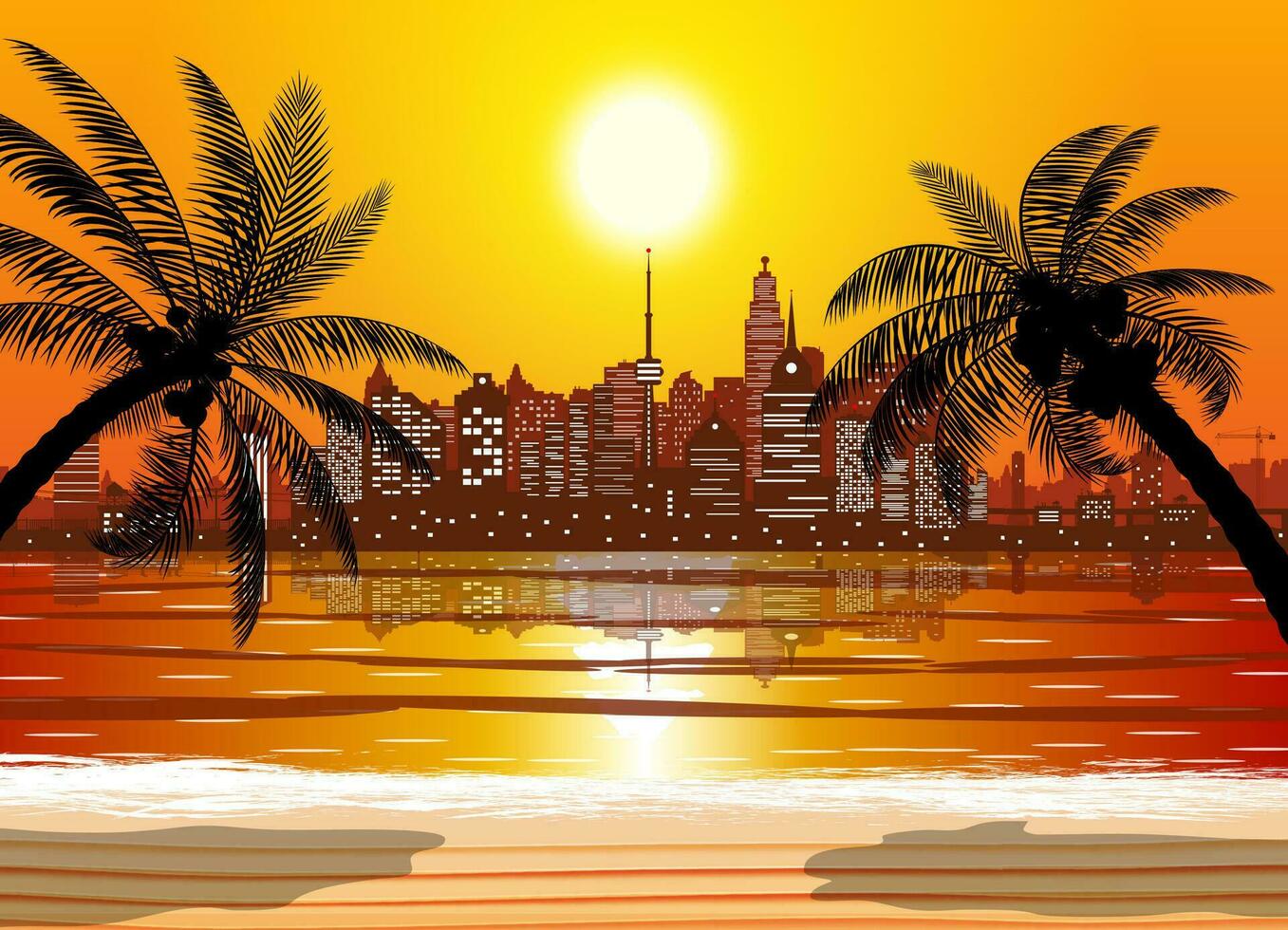 City skyline silhouette at sunset. Skyscappers, towers, office and residental buildings. Sea, beach, palm tree and cityscape under sunrise sky. Vector illustration