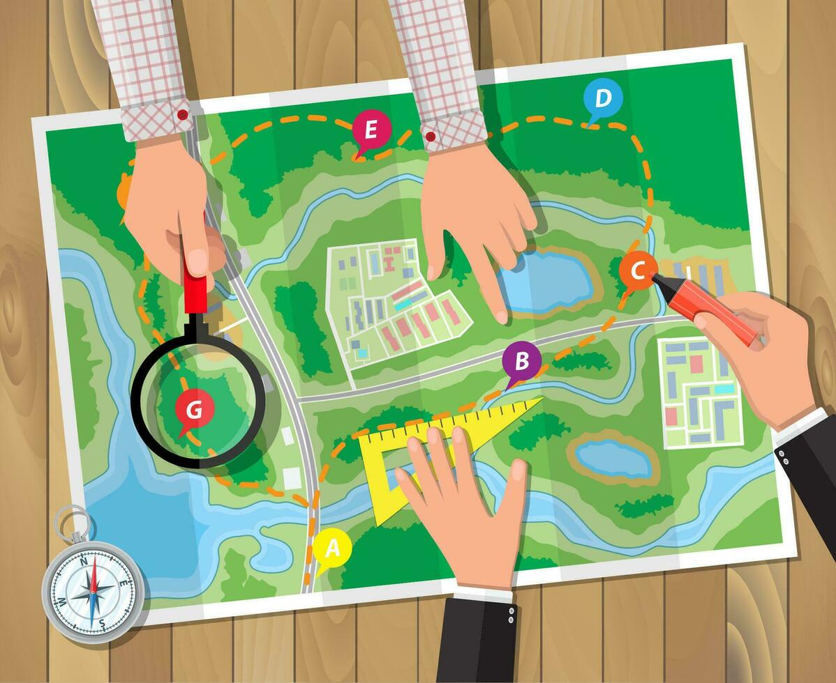 Wooden table with paper map and compass. Marker and magnifying glass in hands. Planning trip. Vector illustration in flat style