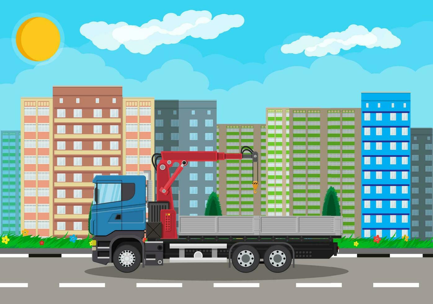 Truck with crane and platform. Cargo delivery truck. Vehicle for construction and building. Car for transport. Trailer vehicle. Cityscape, road, buildings, tree, sky. Vector illustration in flat style