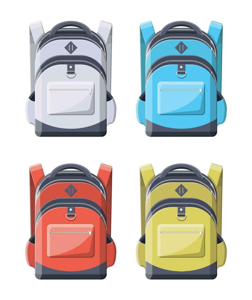 vistoso colegio mochilas espalda a escuela. mochila para escuela, estudiar, viajar, excursionismo y trabajar. mochila, mochila. bolsa para la escuela, equipaje y equipaje. vector ilustración en plano estilo