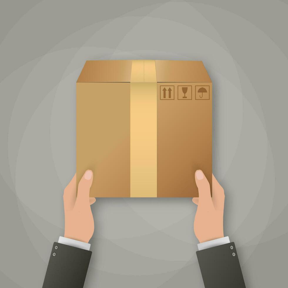 Delivery concept. Hands holding cardboard package. vector illustration on grey background