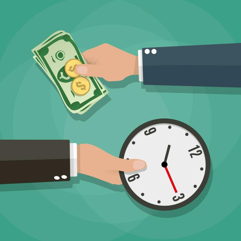 Two cartoon businessman hands with cash money and clocks. Balancing Time and Money concept. vector illustration in flat design on green background