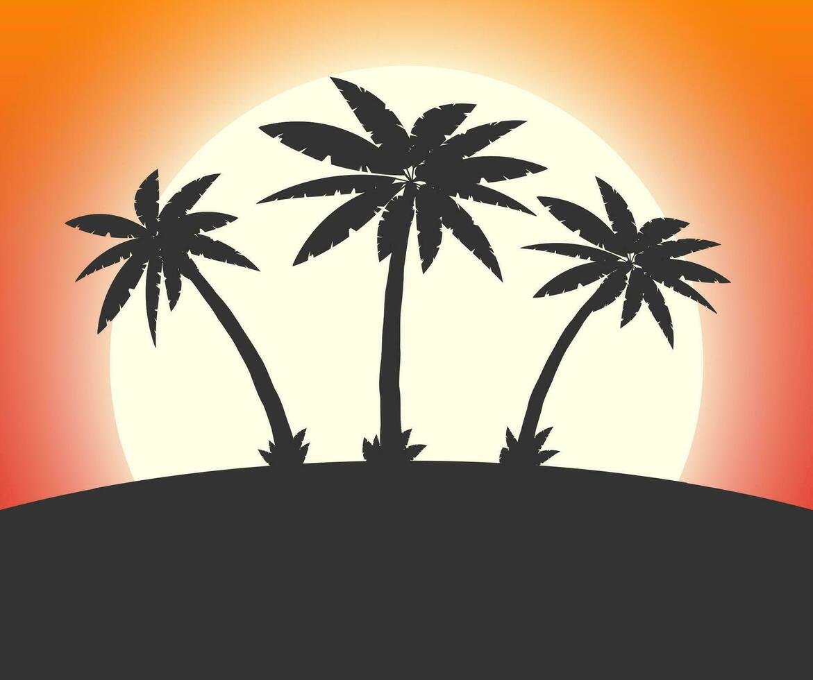 Silhouette of palm tree on beach. Sun with exotic trees. Sunset in tropical place. Vector illustration