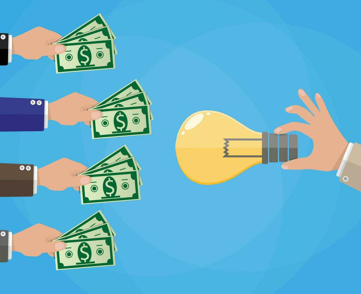 Hands with money and idea bulb. Crowdfunding concept, investing, ventures. vector illustration in flat style, blue background