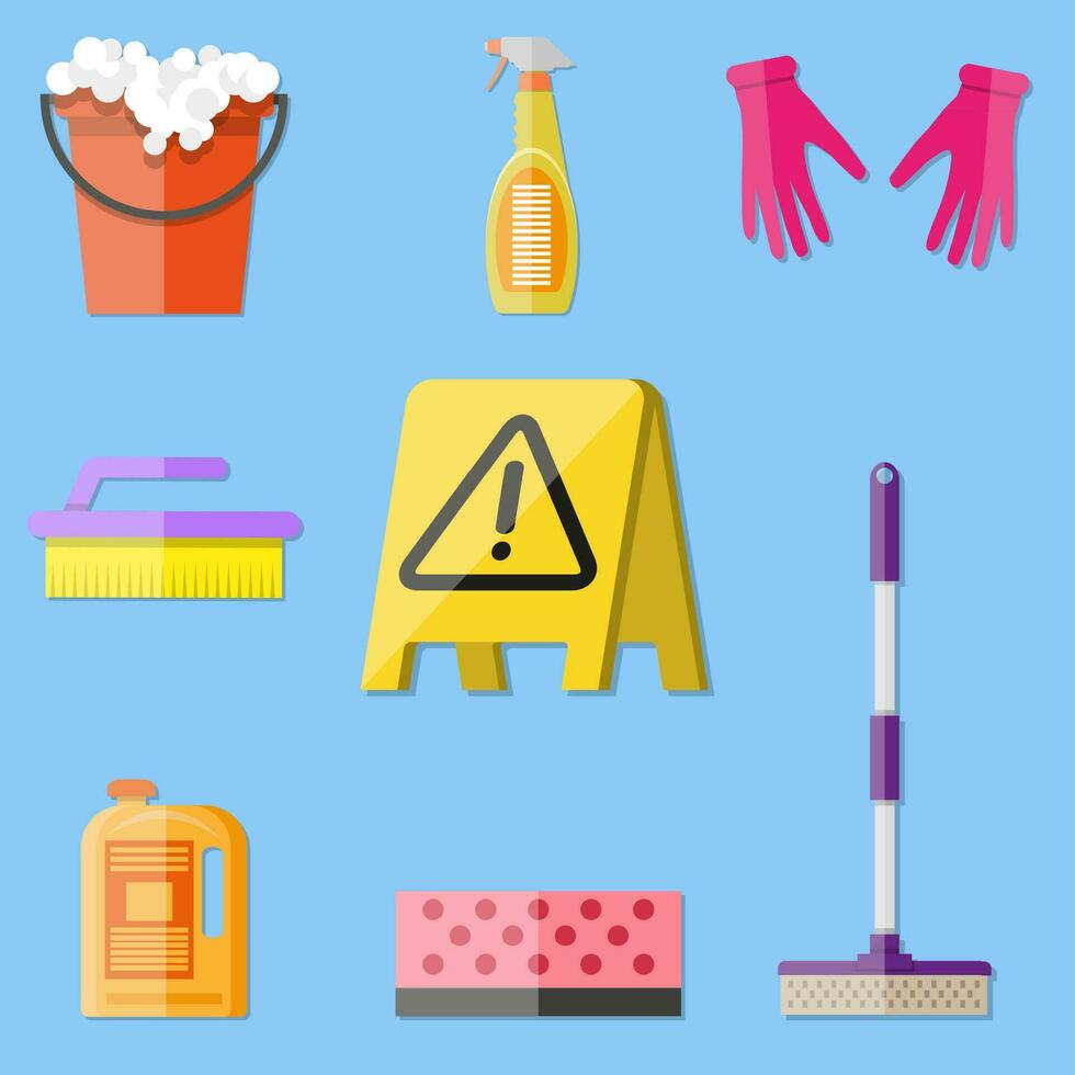 Cleaning set. MOP, sponge, red plastic bucket, cleaning products in bottle for floor and glass, yellow sign reminder of wet floor with rubber gloves upstairs. vector illustration flat