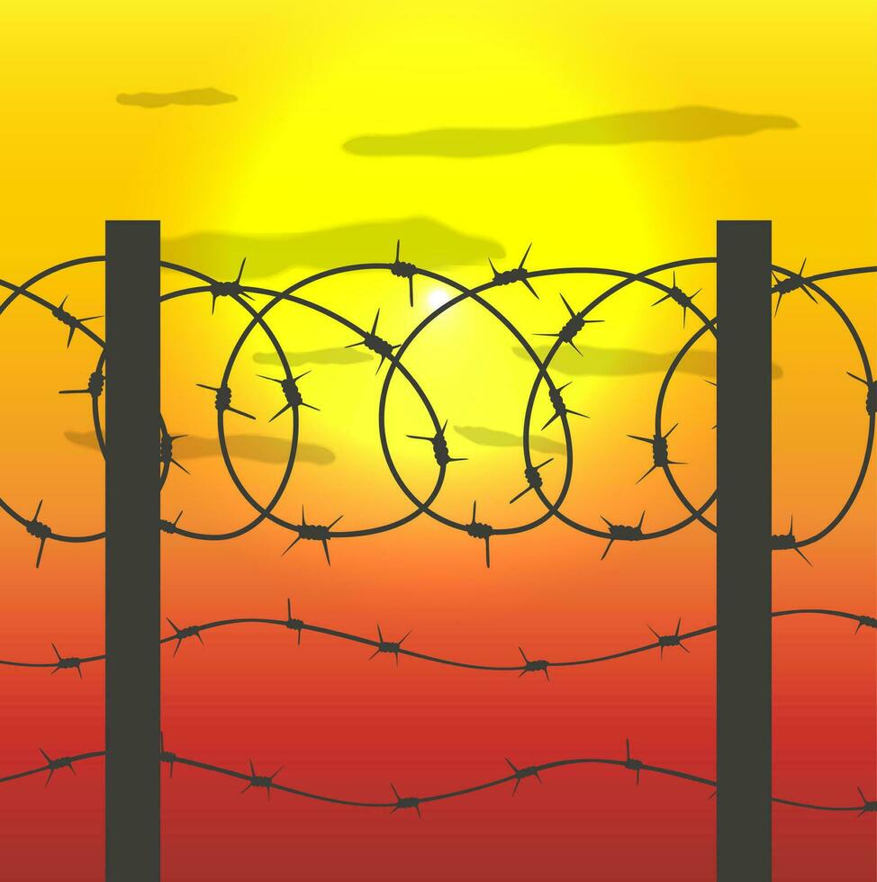 silhouette of fence with barbed wire and sunset sky with sun. vector illustration