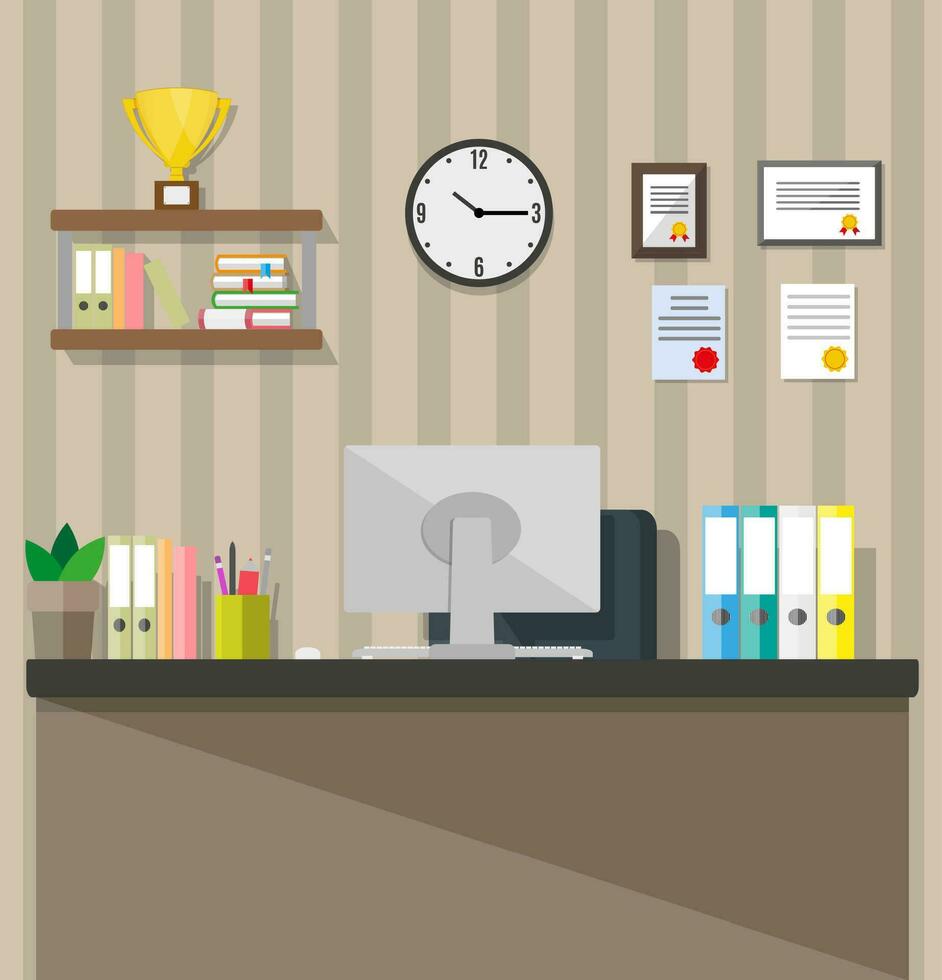 moderno oficina espacio de trabajo escritorio con silla, monitor, relojes, trofeo, diploma. vector ilustración en plano estilo