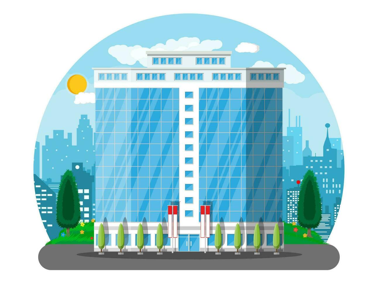 Office building exterior. Commercial building, hotel, business centre. Skyscraper modern city house. Cityscape, road, tree, sun and clouds. Vector illustration in flat style