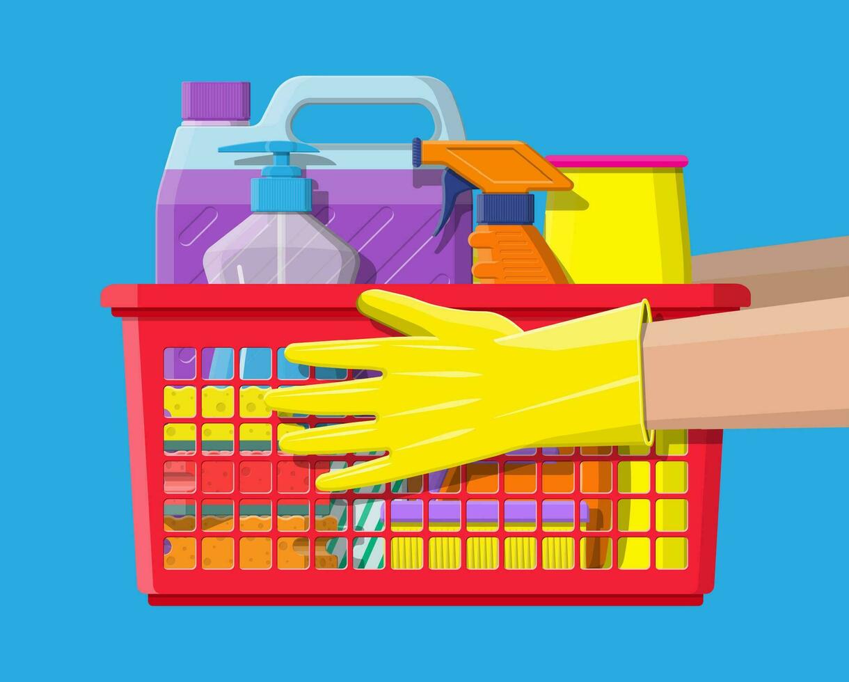 botella de detergente, esponja, jabón y manos en caucho guantes. accesorios para Lavado platos y casa limpieza. lavar platos. vector ilustración en plano estilo