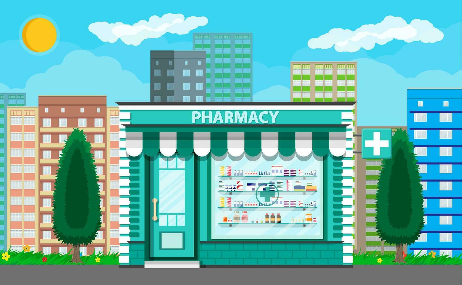 Modern exterior pharmacy or drugstore. Cityscape, tree, buildings, sun, clouds. Medicine pills capsules bottles vitamins and tablets. vector illustration in flat style