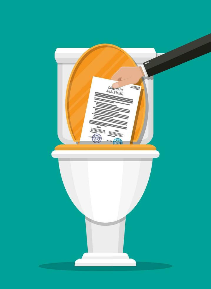 Businessman hand putting contract papers in toilet. Contract termination. Vector illustration in flat style