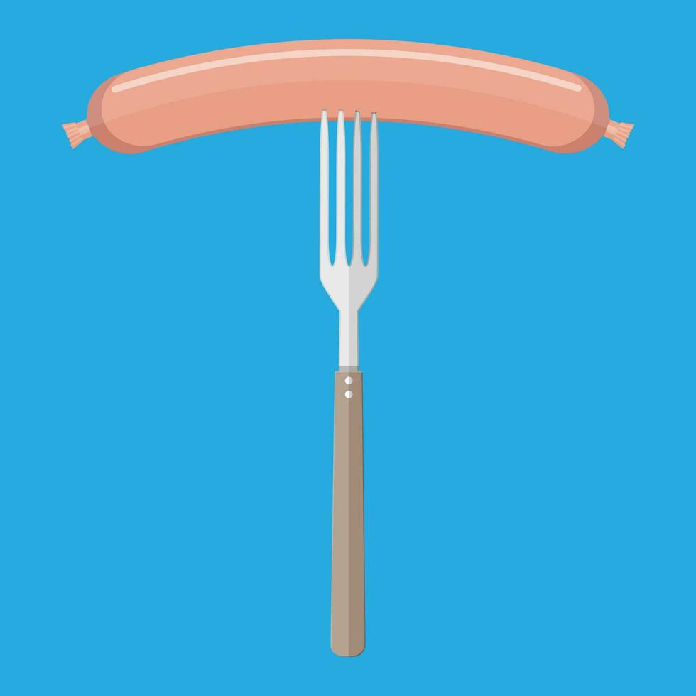 Grilled or boiled sausage on fork. Meat product food. Vector illustration in flat style